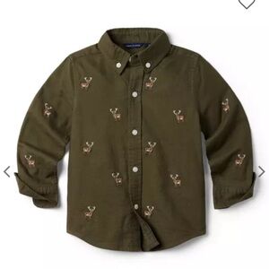 Janie and Jack Reindeer embroidered oxford button up long sleeve  holiday boys